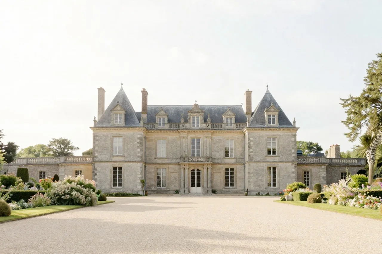 Belle demeure en pierre du Morbihan baignée par la lumière dorée du soir