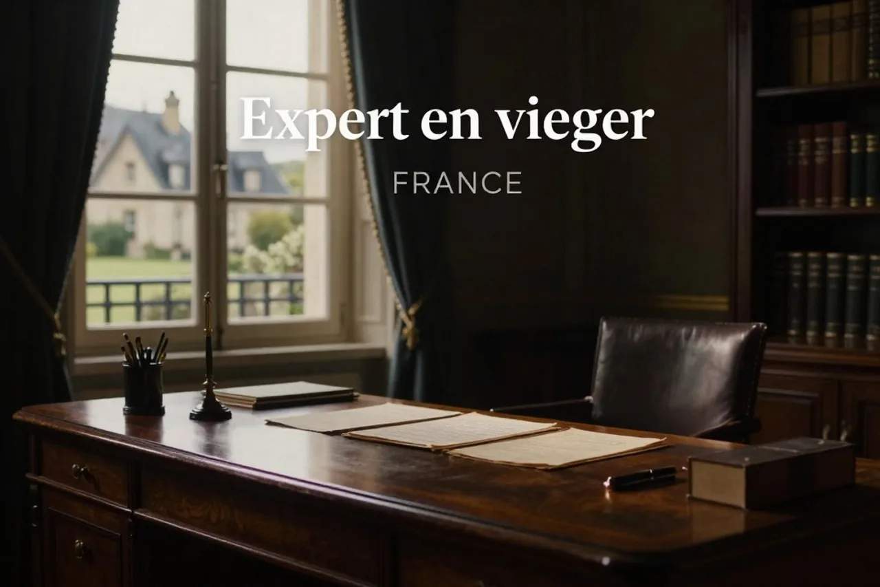 Bureau d'étude chaleureux : un bureau en bois, des dossiers patrimoniaux, lumière douce