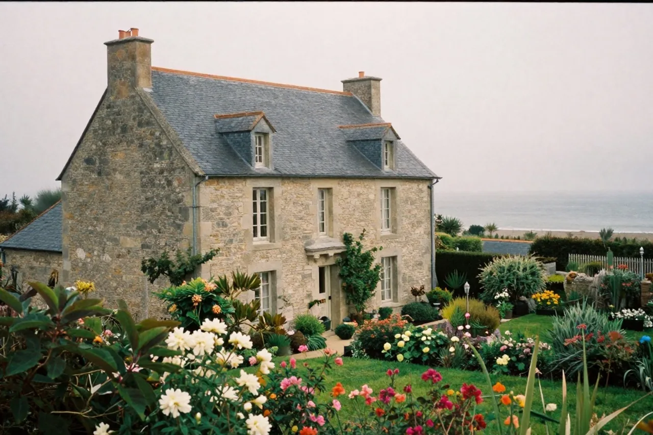 Maison en pierre bretonne à toit d'ardoise, jardin fleuri, littoral atlantique en arrière-plan