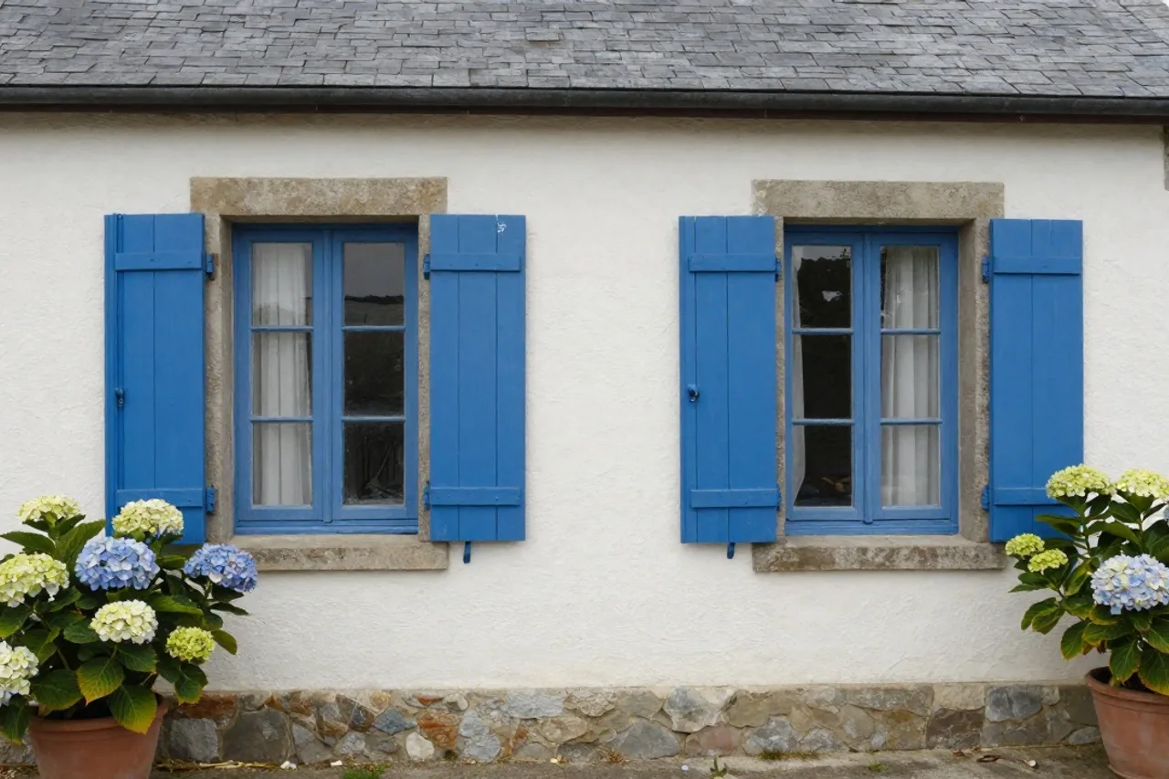 Maison côtière bretonne aux murs blancs et volets bleus, hortensias