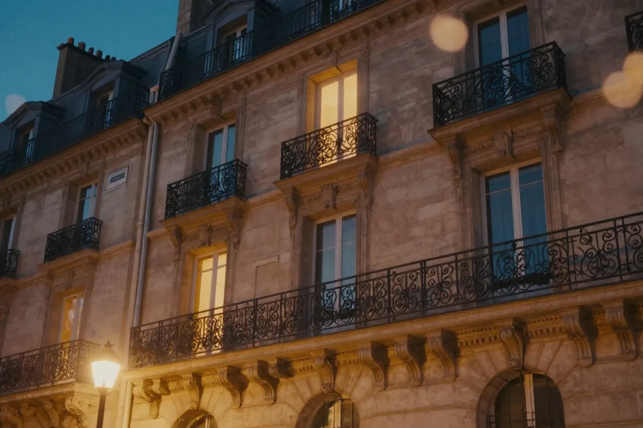 Façade d'immeuble nantais, balcons en fer forgé, lumière du soir
