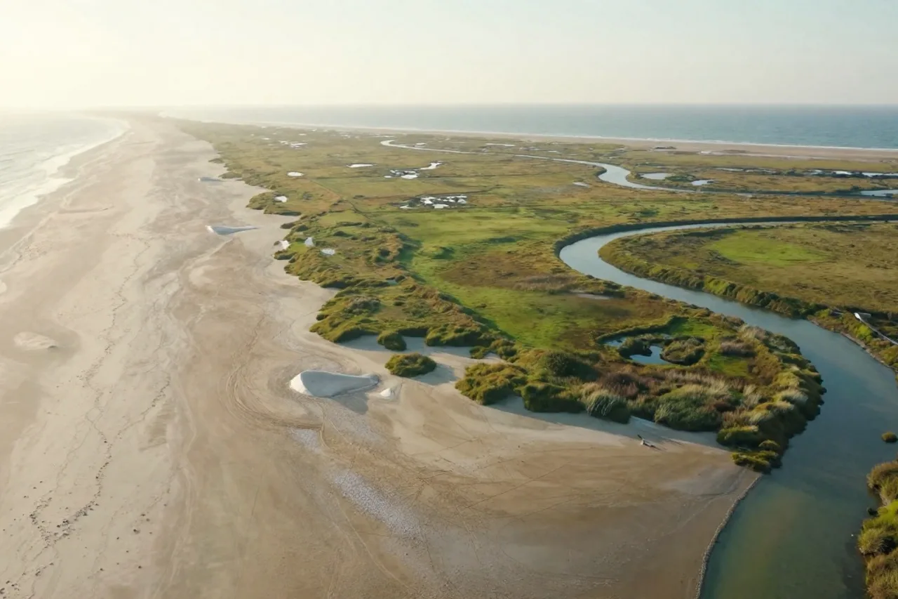 Vue aérienne des marais salants atlantiques à l'heure dorée, canaux sinueux